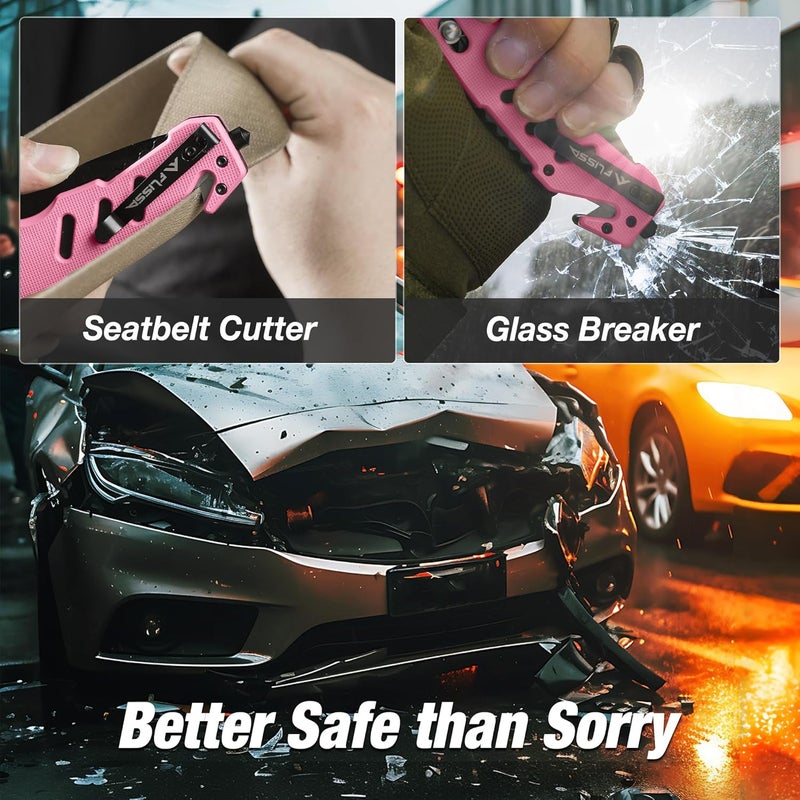 FLISSA Folding Pocket Knife with Clip, Glass Breaker and Seatbelt Cutter, Survival Knife for Emergency Rescue Situations, EDC Knife for Tactical, Hunting, Camping, Outdoor, Unique Gifts for Dad, Father-Pink - Image 2